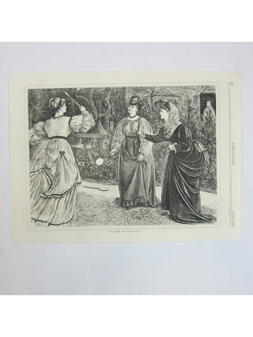 Antique 1871 Wood Engraving Print Battledore & Shuttlecock, Every Saturday Mag